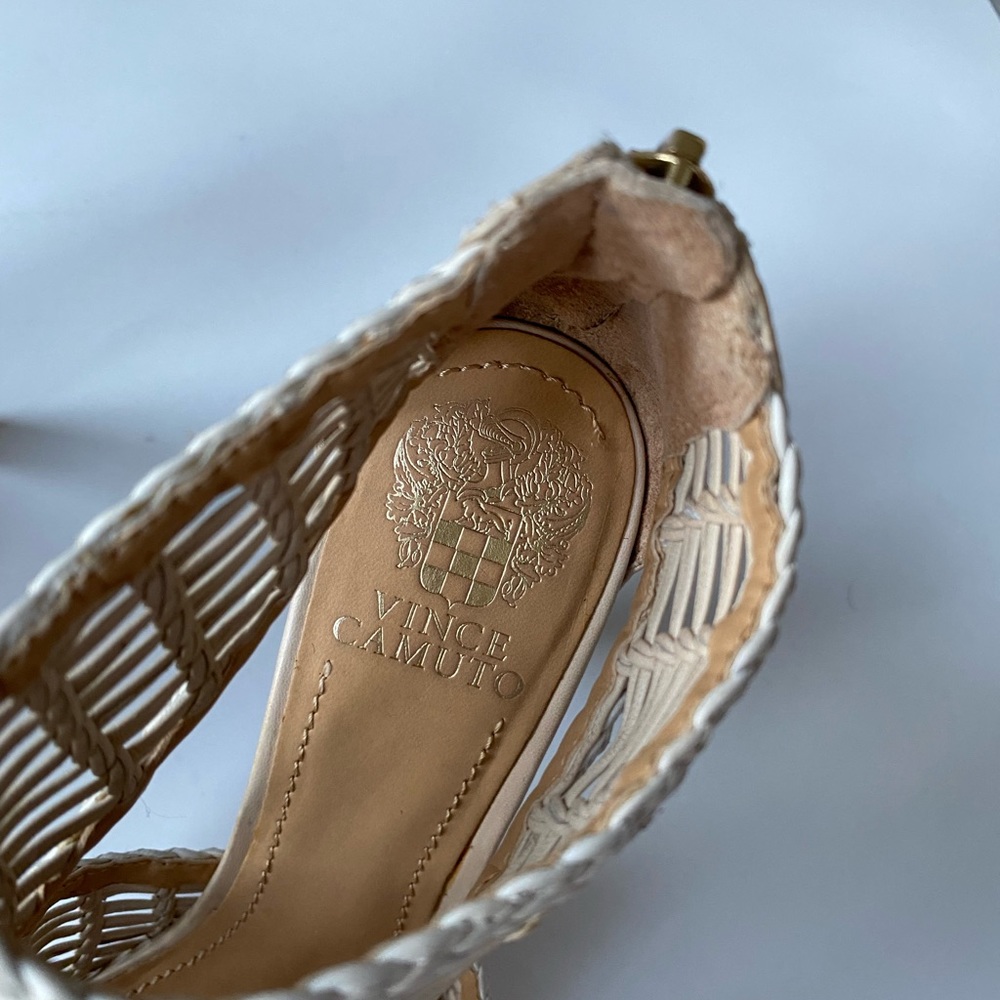 cream leather Vince Camuto woven high heel peek toe ankle bootie - Picture 7 of 9